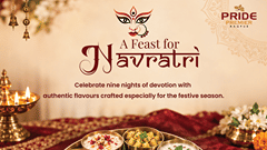 Pride Premier Nagpur poster for a Navratri feast dinner, showing a festive thali platter, priced at 599 rupees per person, with timing and venue icons.