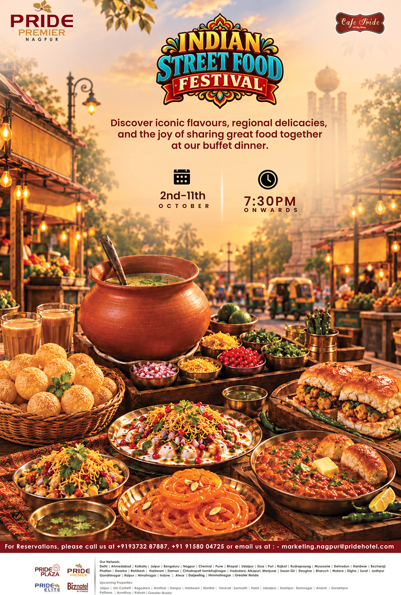 Indian Street Food Festival poster for Pride Premier Nagpur, showing pani puri, chaat, vada pav, jalebi and chai displayed on a festive street food stall