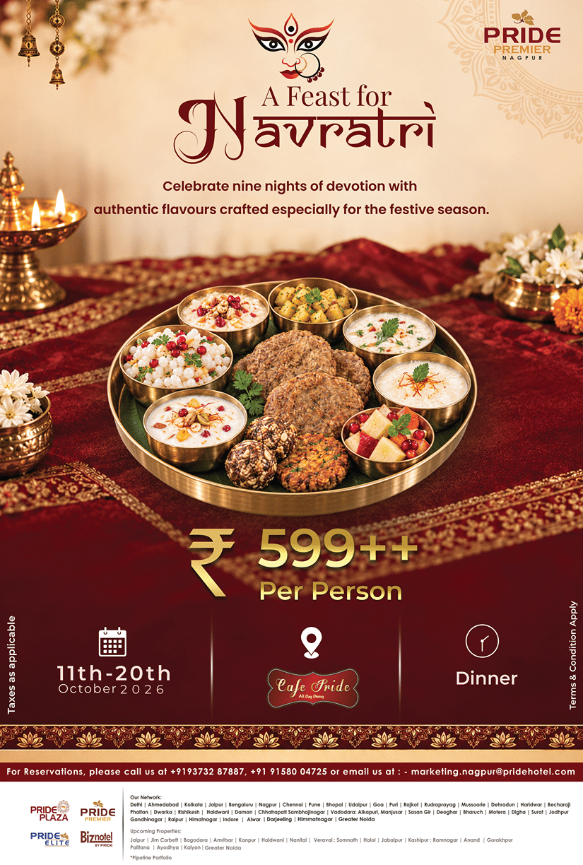 Pride Premier Nagpur poster for a Navratri feast dinner, showing a festive thali platter, priced at 599 rupees per person, with timing and venue icons.