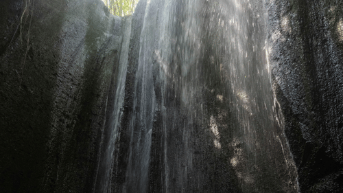 Person standing under a cascading waterfall in a secluded forest, surrounded by lush greenery and sunlight streaming through the trees.