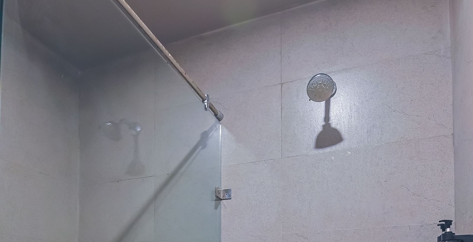 Shower and toilet area in a compact bathroom at Max Hotel Prayagraj.