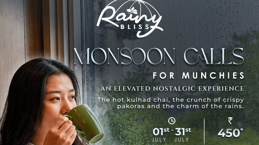Promotional creative for Rainy Bliss Monsoon Offer at Pride Cafe by Pride Premier Nagpur, offering hot kulhad Chai and crispy Pakoras at INR 450 from 1st July to 31st July 2026.
