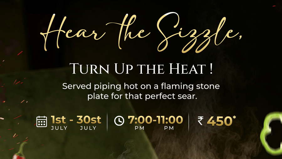 Promotional creative for Sizzling Stone Offer at Pride Premier Nagpur, offering a sizzling platter for INR 450 from 7:00 PM to 11:00 PM from 1st to 30th July 2026 at Cafe Pride.