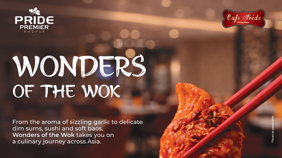 Poster of Wonder of the Wok Asian Food Festival at Pride Premier Nagpur featuring a bowl of Asian noodles with chopsticks and festival details.