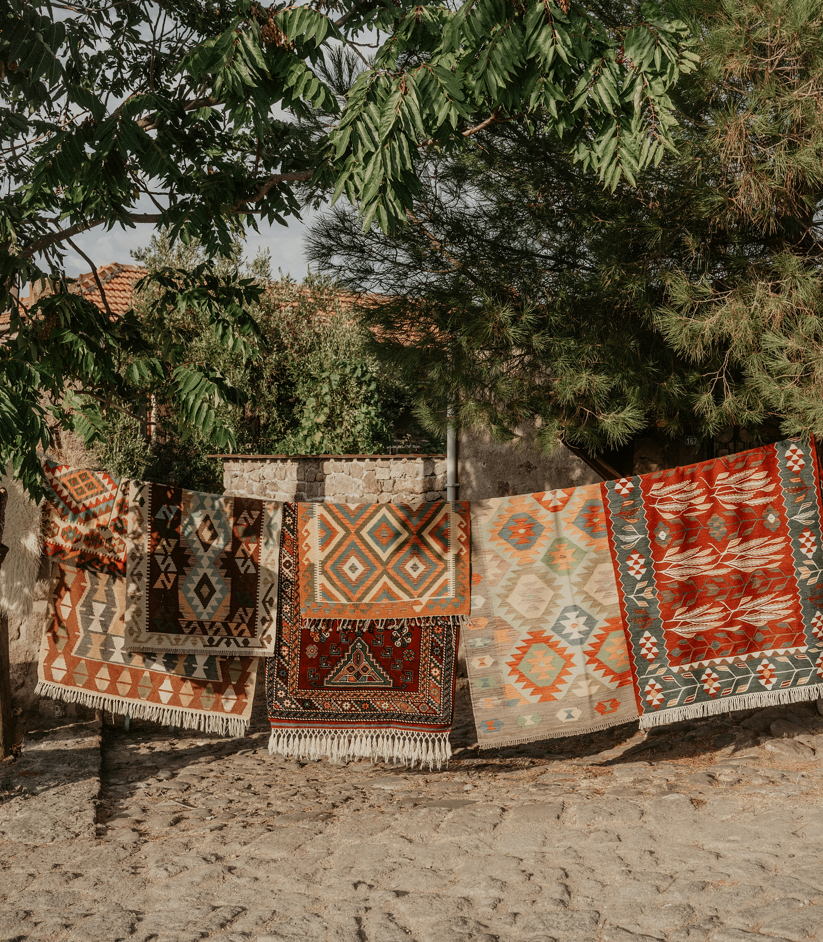 image of several carpets hanging on a string with trees shadowing them from above