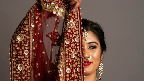 a bride posing for a picture with a grey background while decked up in a kachipuram saree