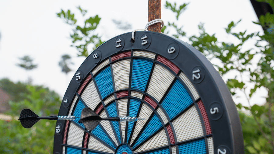 A colourful dartboard mounted outdoors in a garden area for guest entertainment - Daksh The Nirvana Retreat, Pavagadh