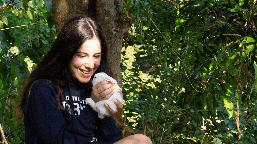 A woman petting a rabbit sitting on the cliff at the Sylvan Retreat, Dehradun.