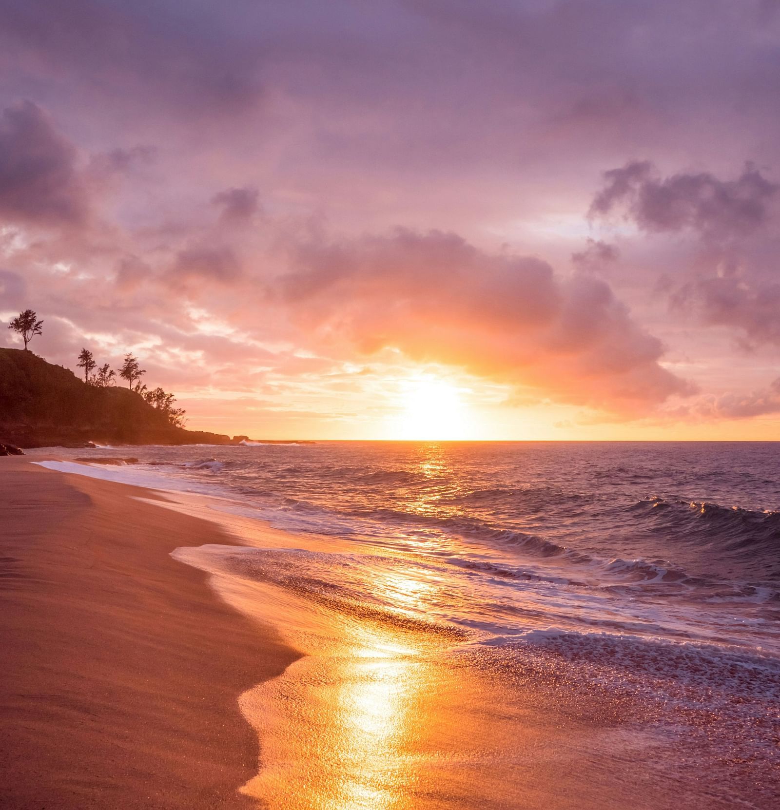 A serene view of a beach during a sunset