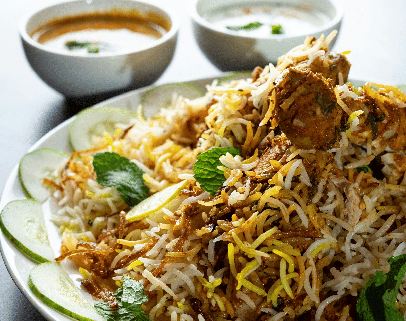 A plate of aromatic biryani rice served with two small bowls of chutney and raita on the side.