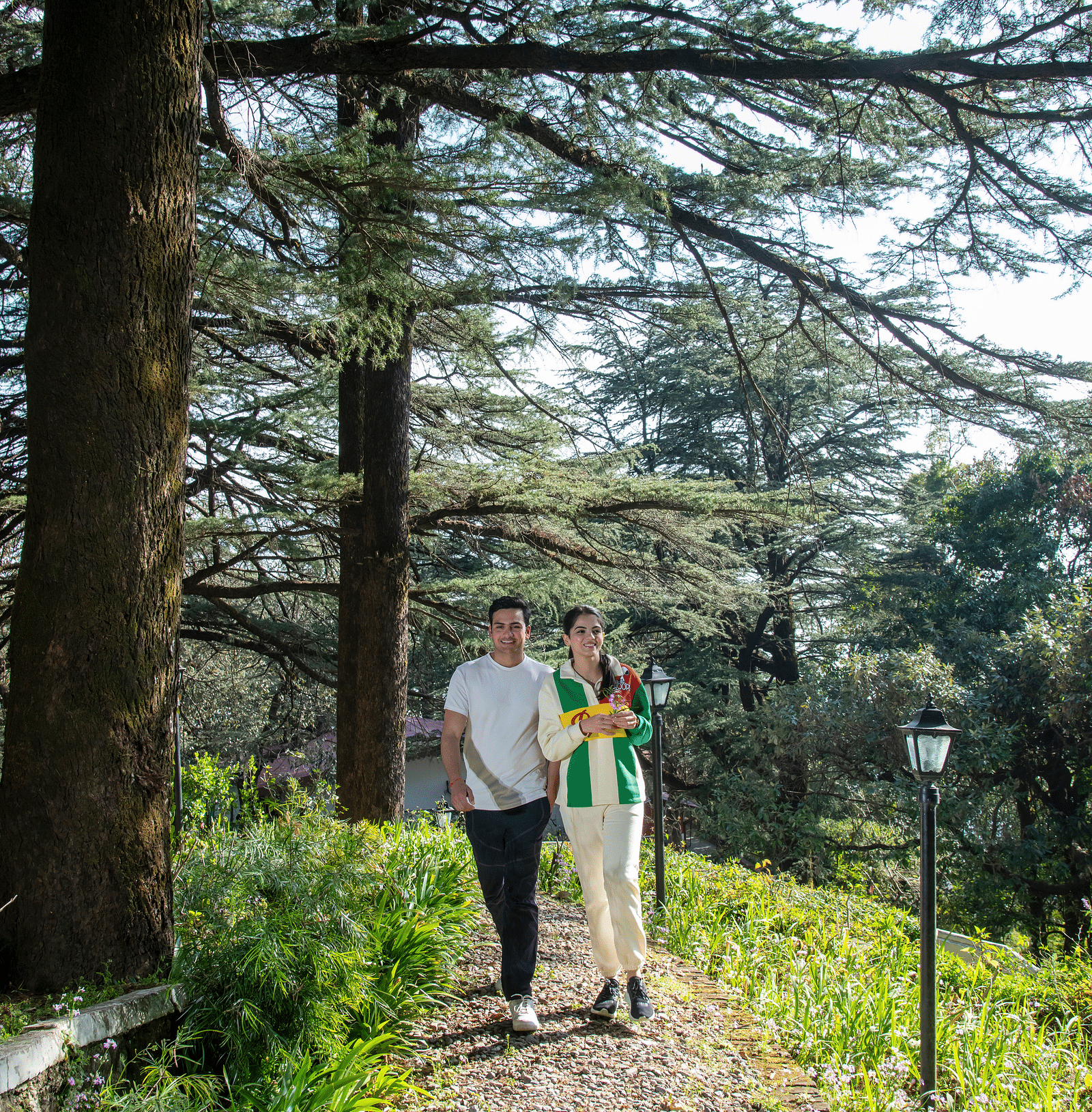 a couple walking through a green garden with huge trees