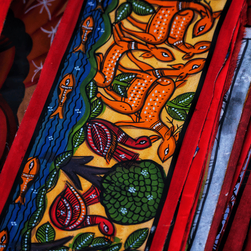 A traditional Patachitra scroll painting showcasing vibrant folk art from Bengal.