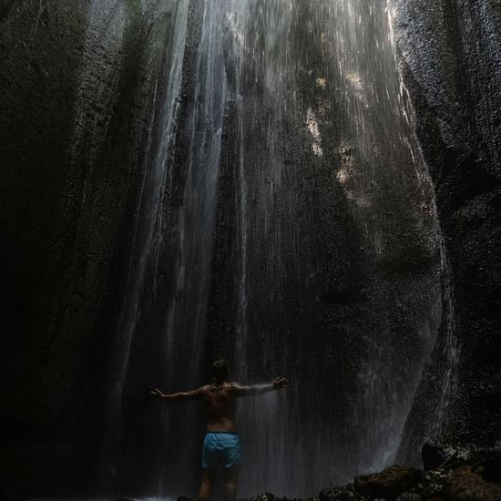 Person standing under a cascading waterfall in a secluded forest, surrounded by lush greenery and sunlight streaming through the trees.