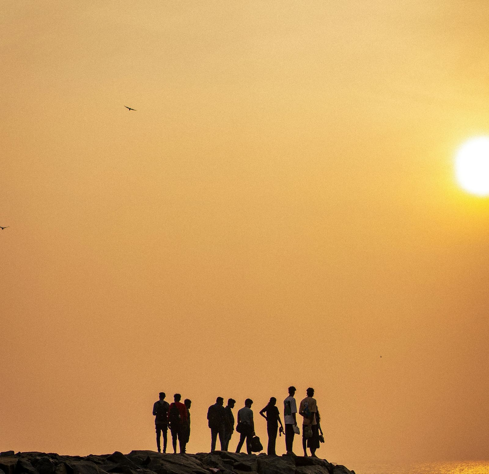 a group of people standing on boulders near Auroville Beach in Pondicherry