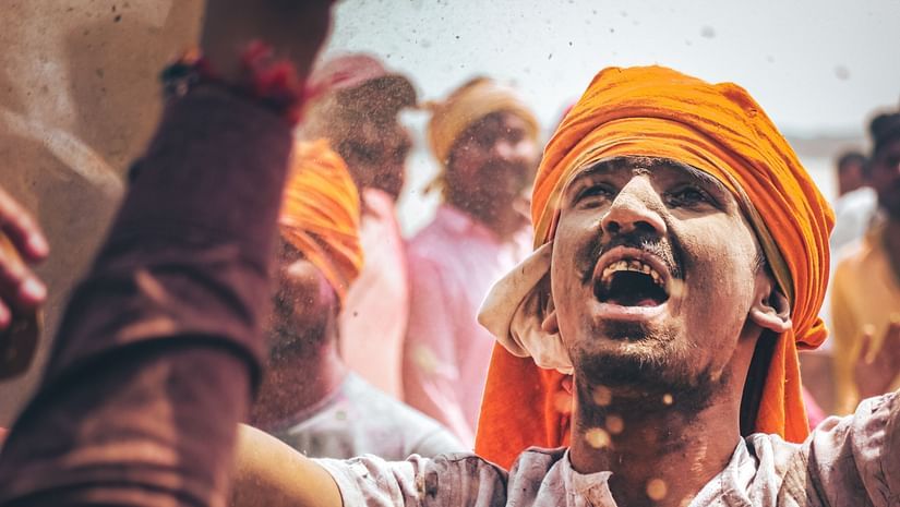 People looking up in joy during a celebration