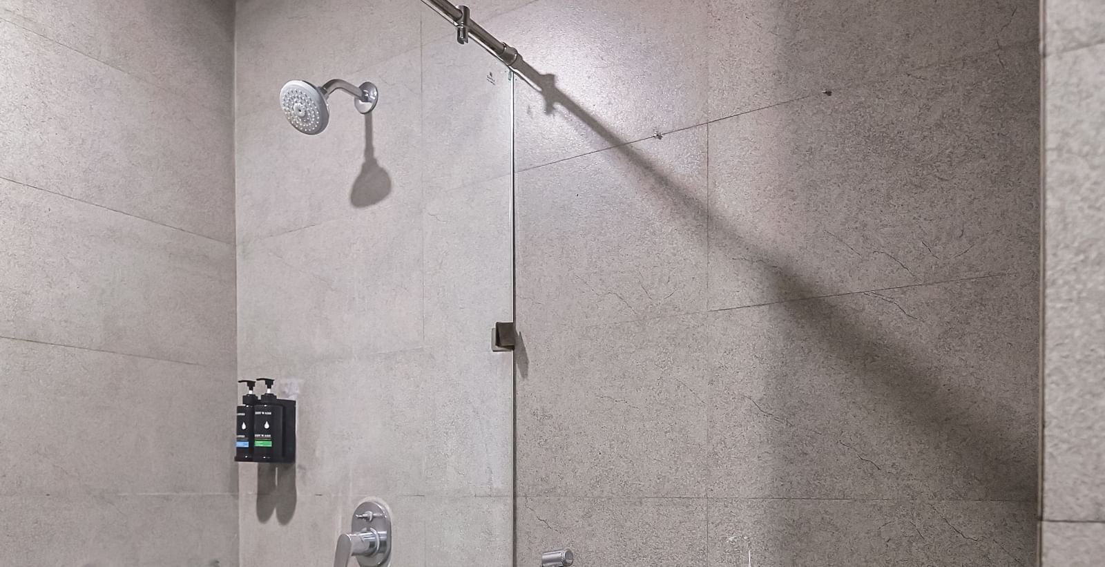 Bathroom with toilet, shower and wall-mounted fixtures at Max Hotel Prayagraj.