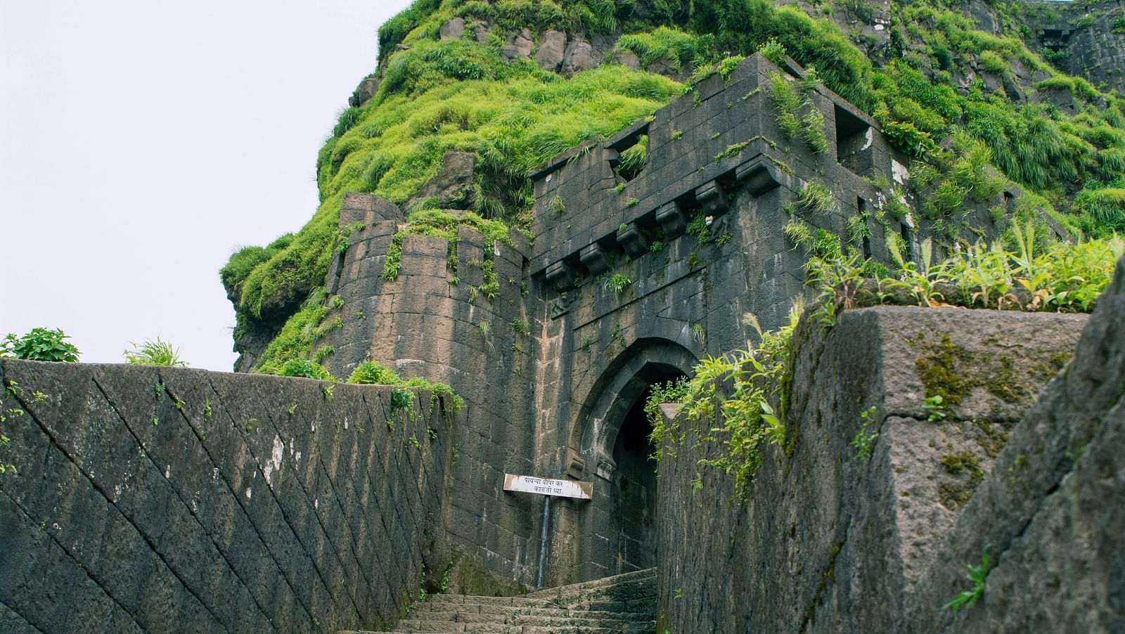 An overview of the steps leading to karla caves with greenery growing at the top.