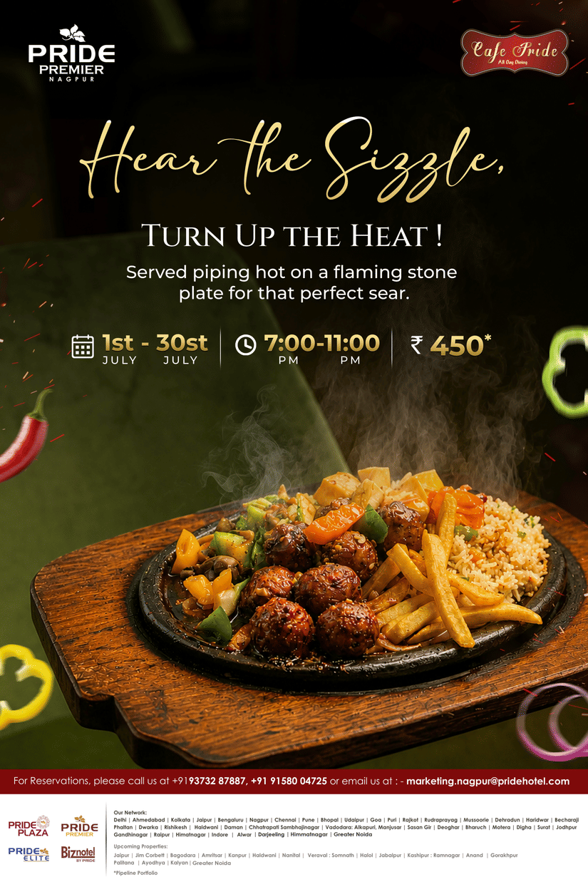 Promotional creative for Sizzling Stone Offer at Pride Premier Nagpur, offering a sizzling platter for INR 450 from 7:00 PM to 11:00 PM from 1st to 30th July 2026 at Cafe Pride.