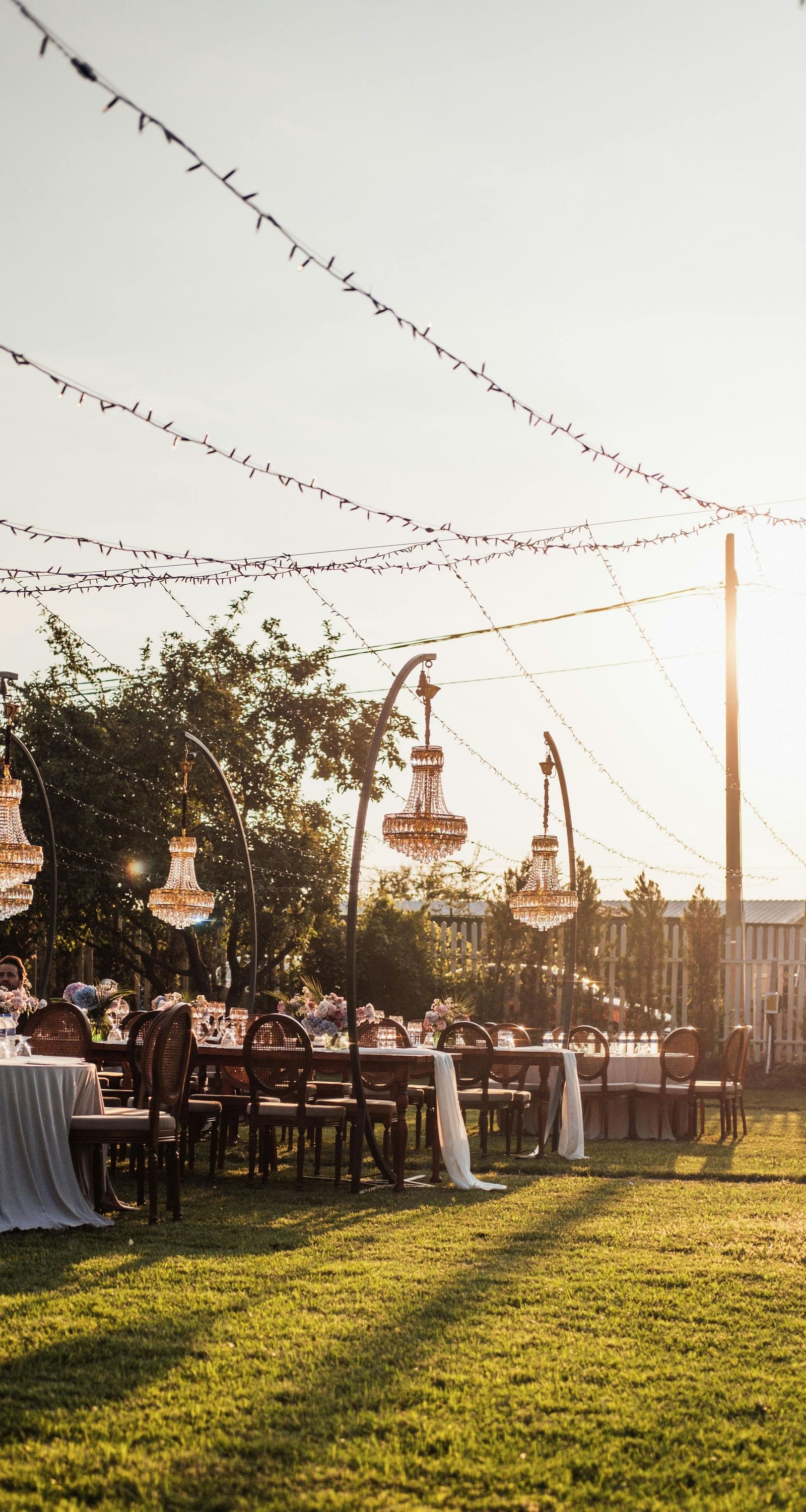 a lush green lawn with decorative strings hanging from the tall pillars as decoration on a bright sunny day