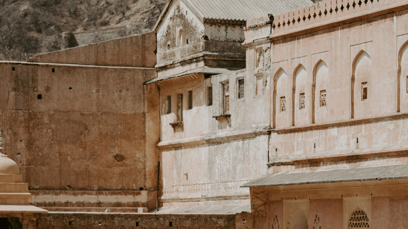 A high angle, close up shot of multi-level stone courtyarf within Amer Fort.