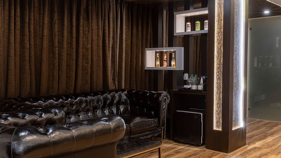 bedroom living area with sofa