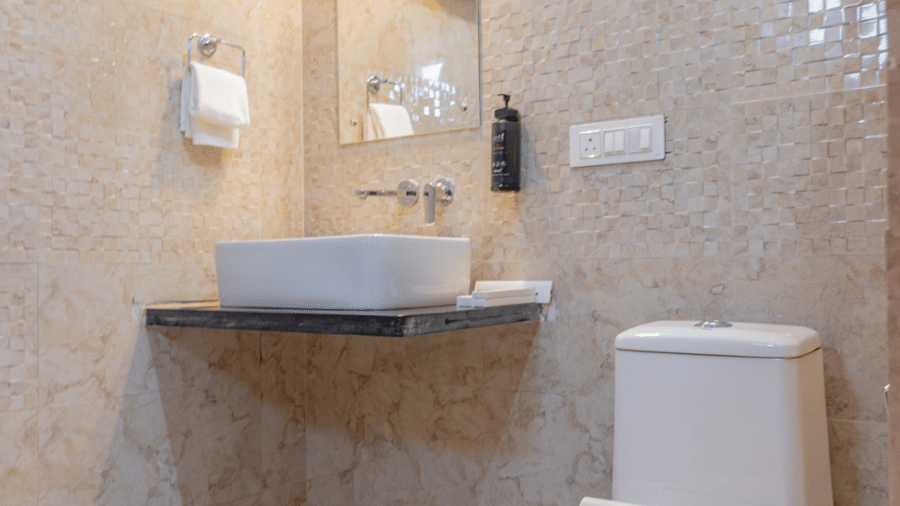 A compact bathroom at Estherea Bagh, Ranthambore, showing a toilet and a vessel sink mounted on a floating shelf.