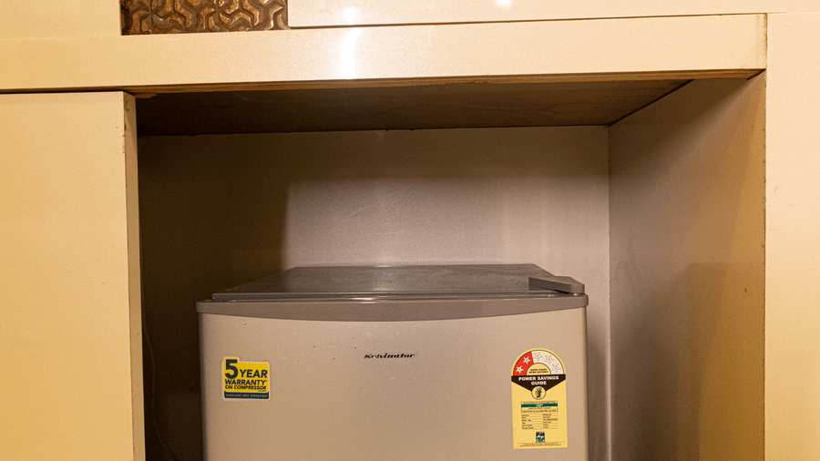 A mini refrigerator placed inside a built-in shelf at Hotel Seagull Digha.