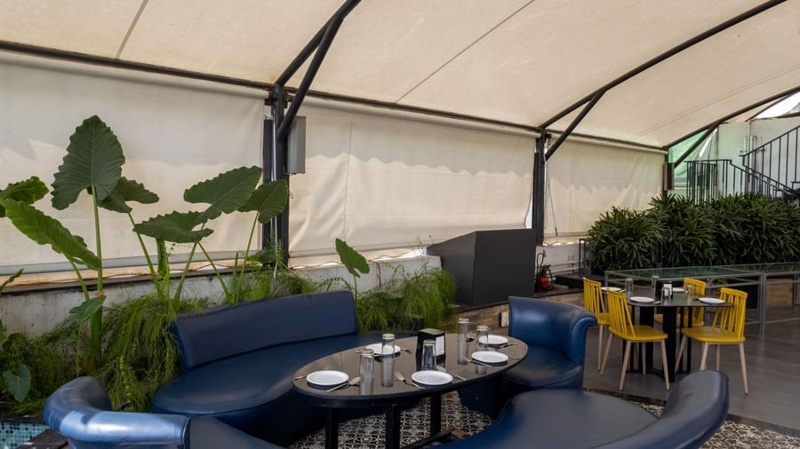 Rooftop dining setup in the Pravasa Cafe at Pravasa Stay Vijay Nagar, Indore.
