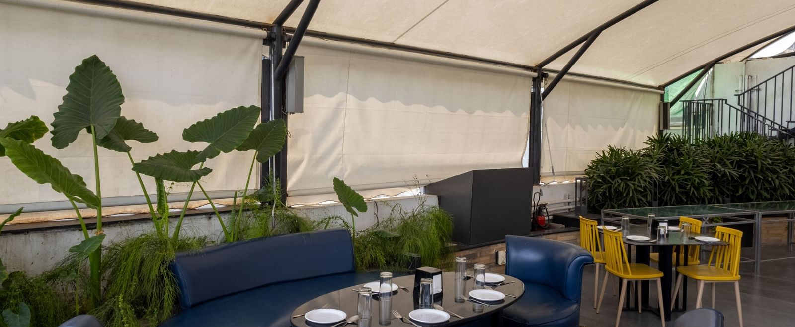 Rooftop dining setup in the Pravasa Cafe at Pravasa Stay Vijay Nagar, Indore.