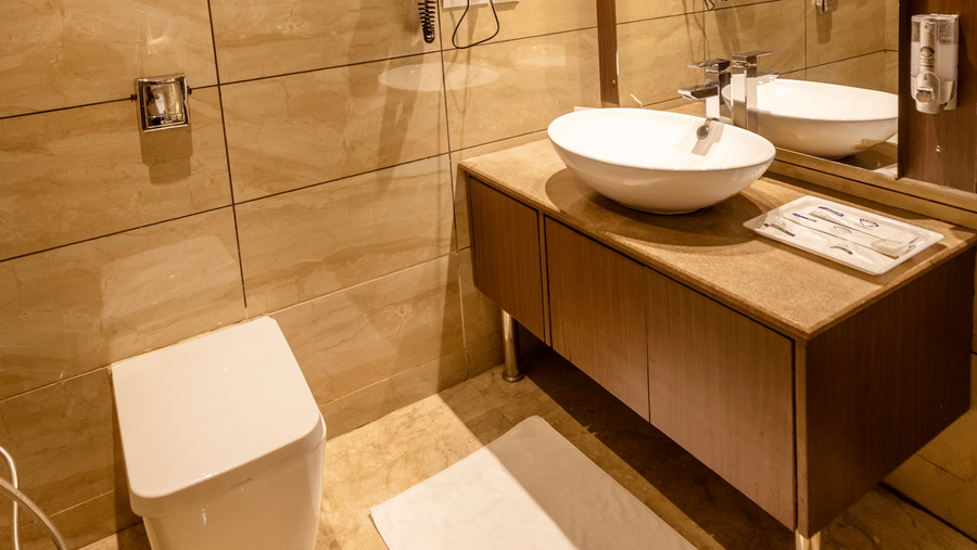 A bathroom with a sink, mirror, toilet, and shower area with glass partition at Indraprastha Resort & Spa, McLeod Ganj.