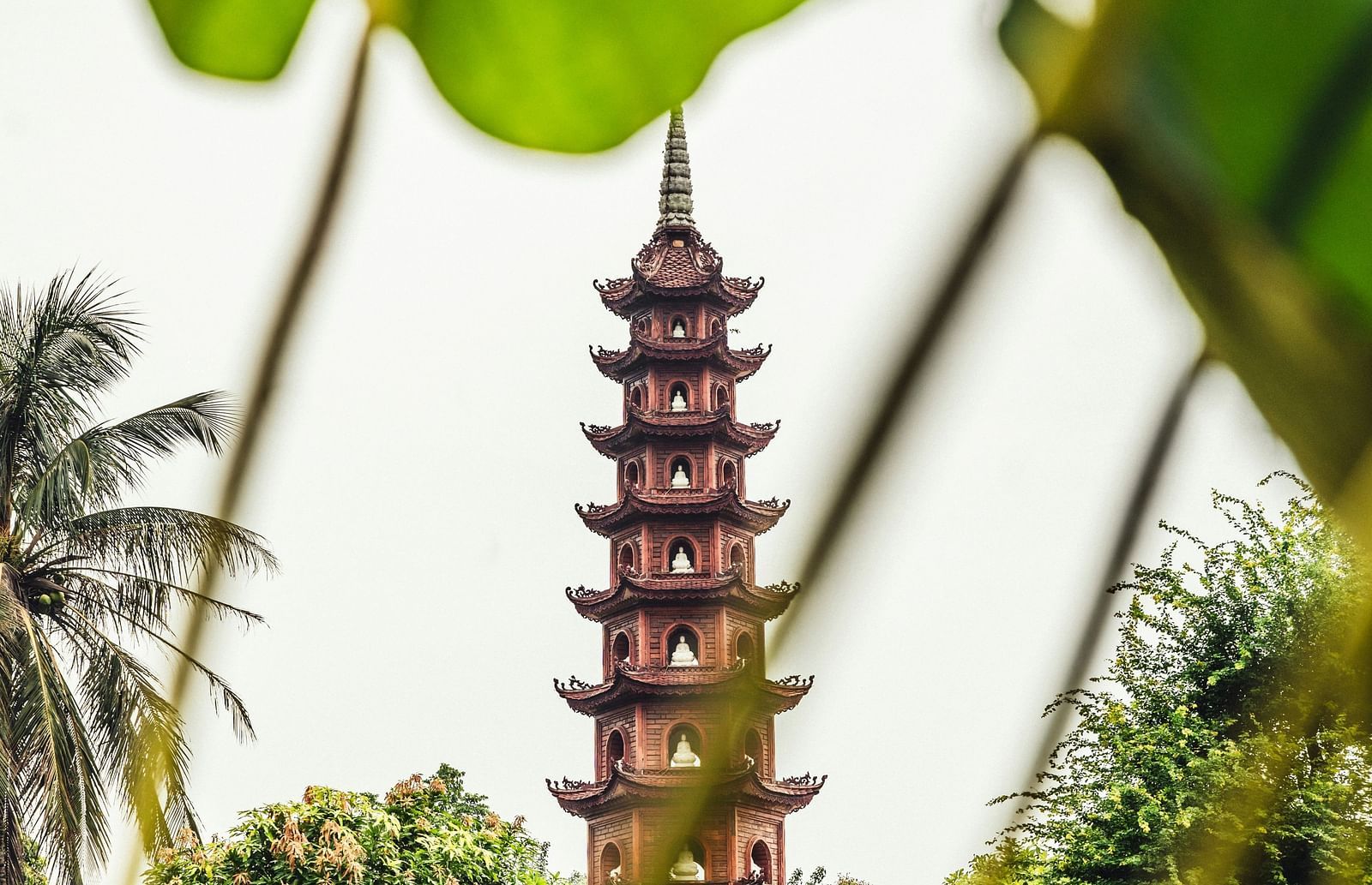 A tall religious tower in view from the vegetation in the foreground in Hanoi