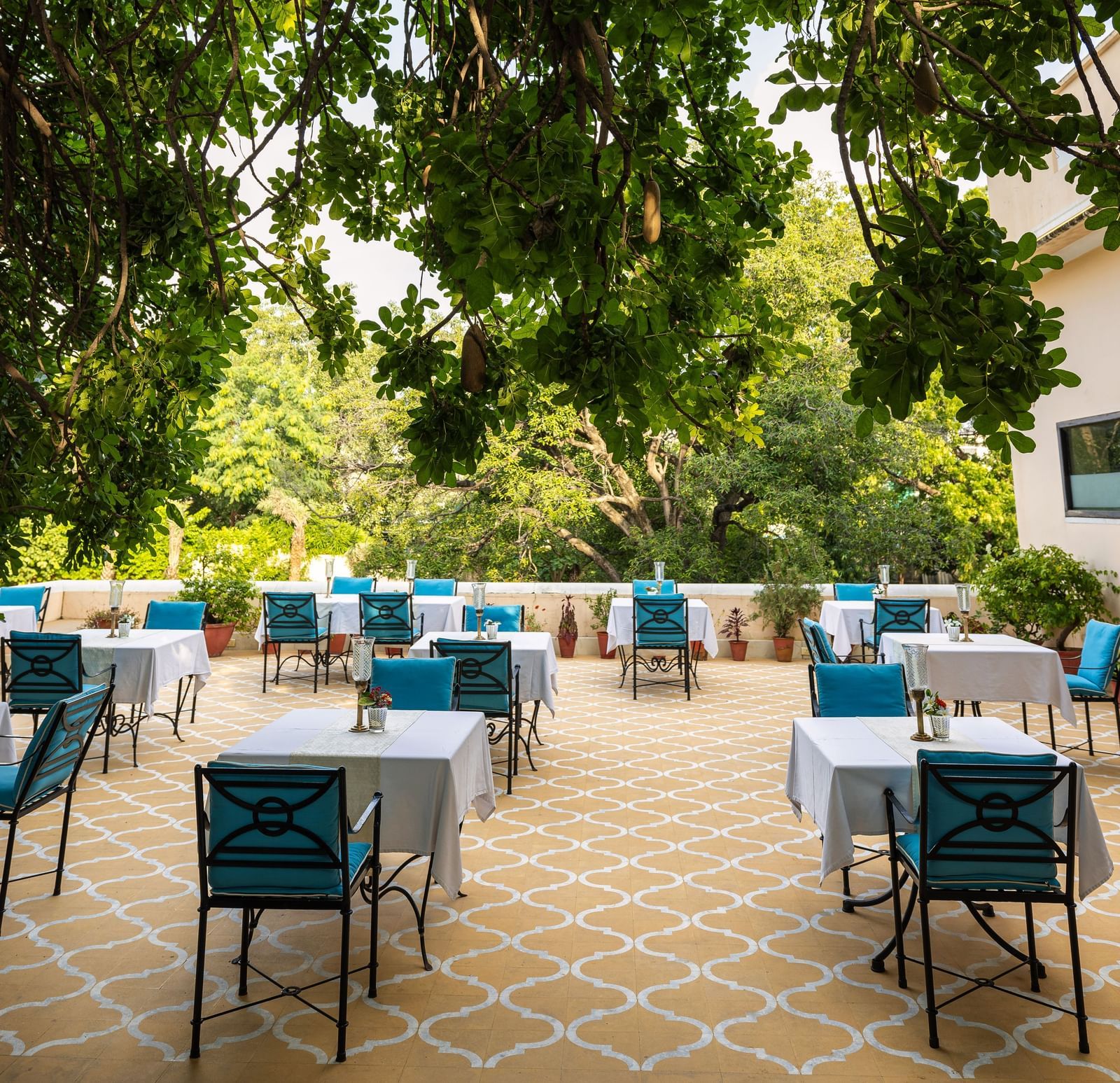 Another view of an outdoor dining area at Royal Heritage Haveli with tables and chairs visible through tree foliage.