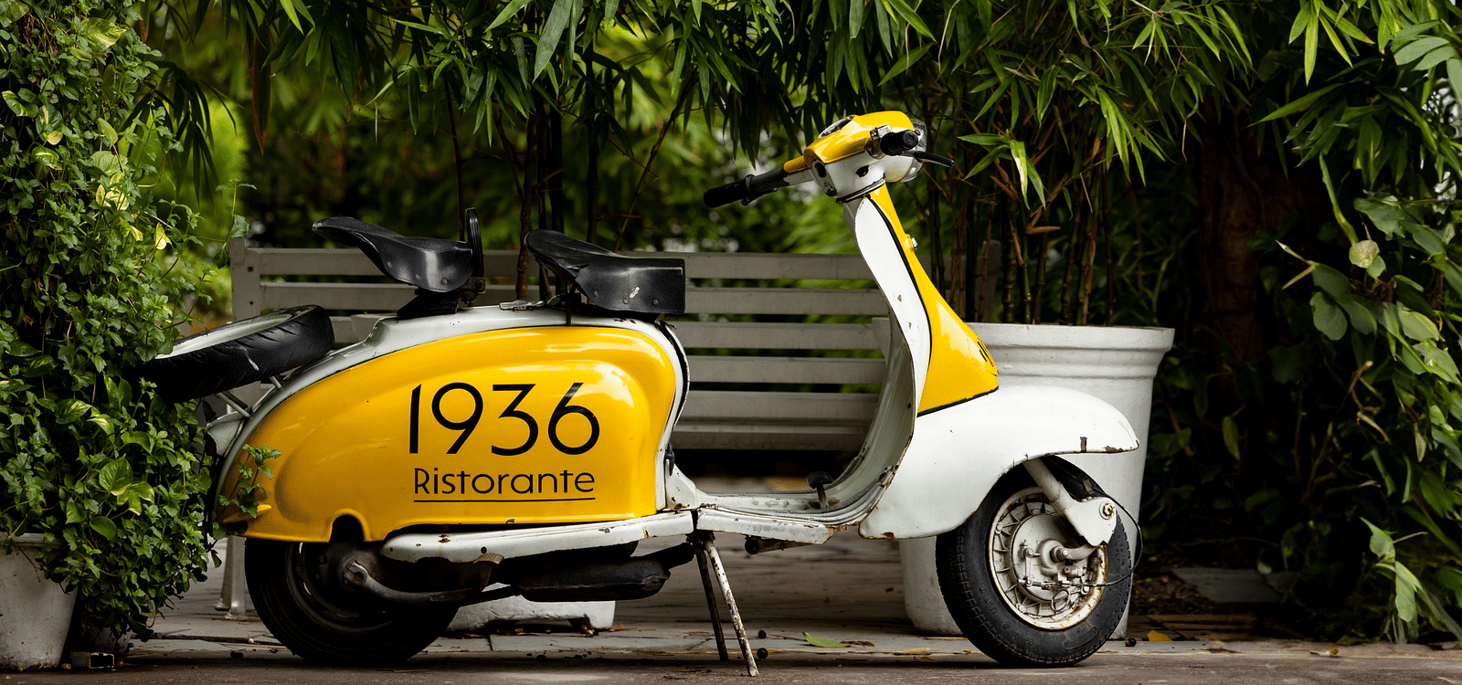A yellow scooter placed in front of some bushes at Saraca Hotel, Lucknow
