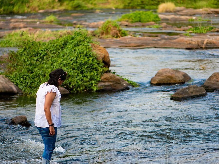 a women walking on the River near Ibex River Resort, Pollachi