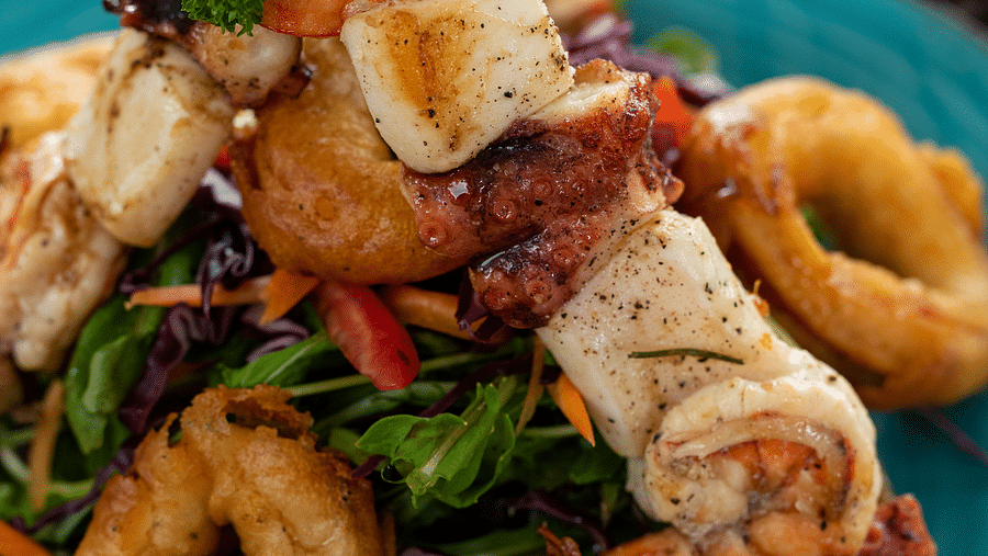 A vibrant dish with grilled meat skewers, fried calamari, and fresh greens on a blue plate at Shooting Star Boutique Hotel