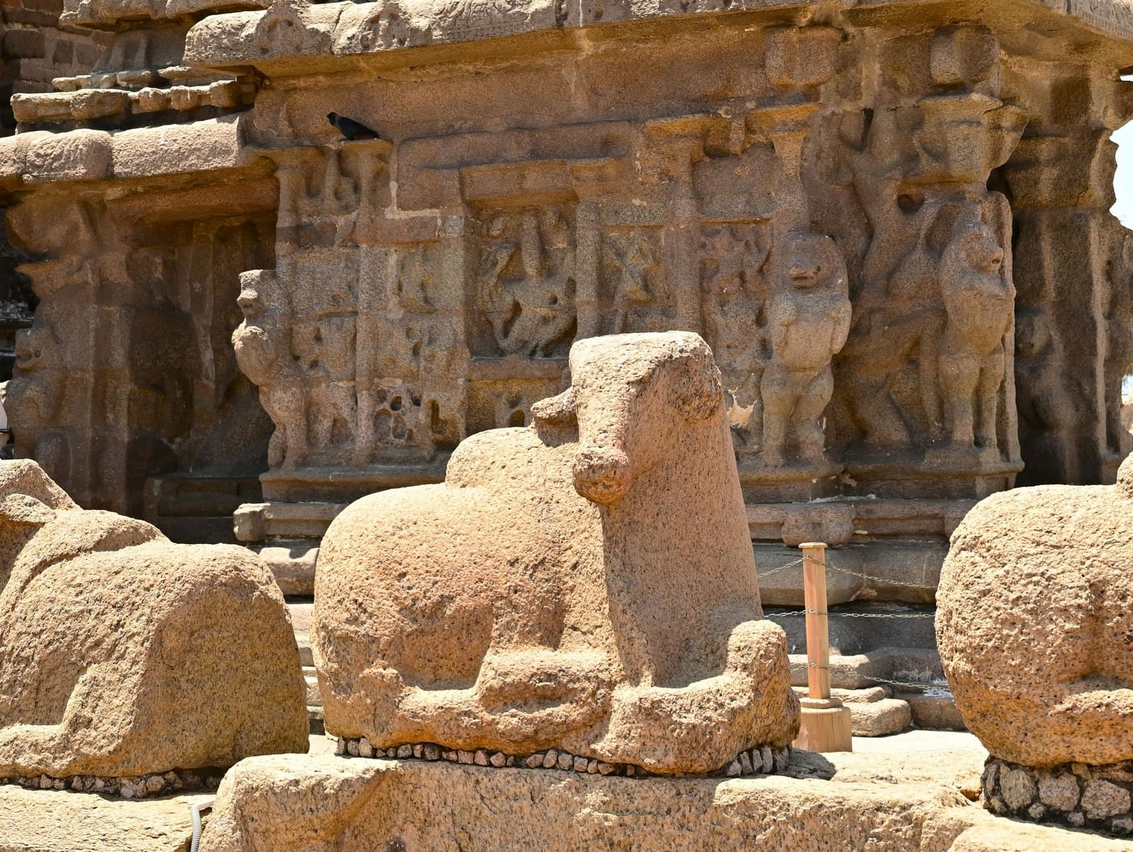 A tall, multi-tiered stone temple with intricate carvings, standing under a bright sky, possibly the Shore Temple.