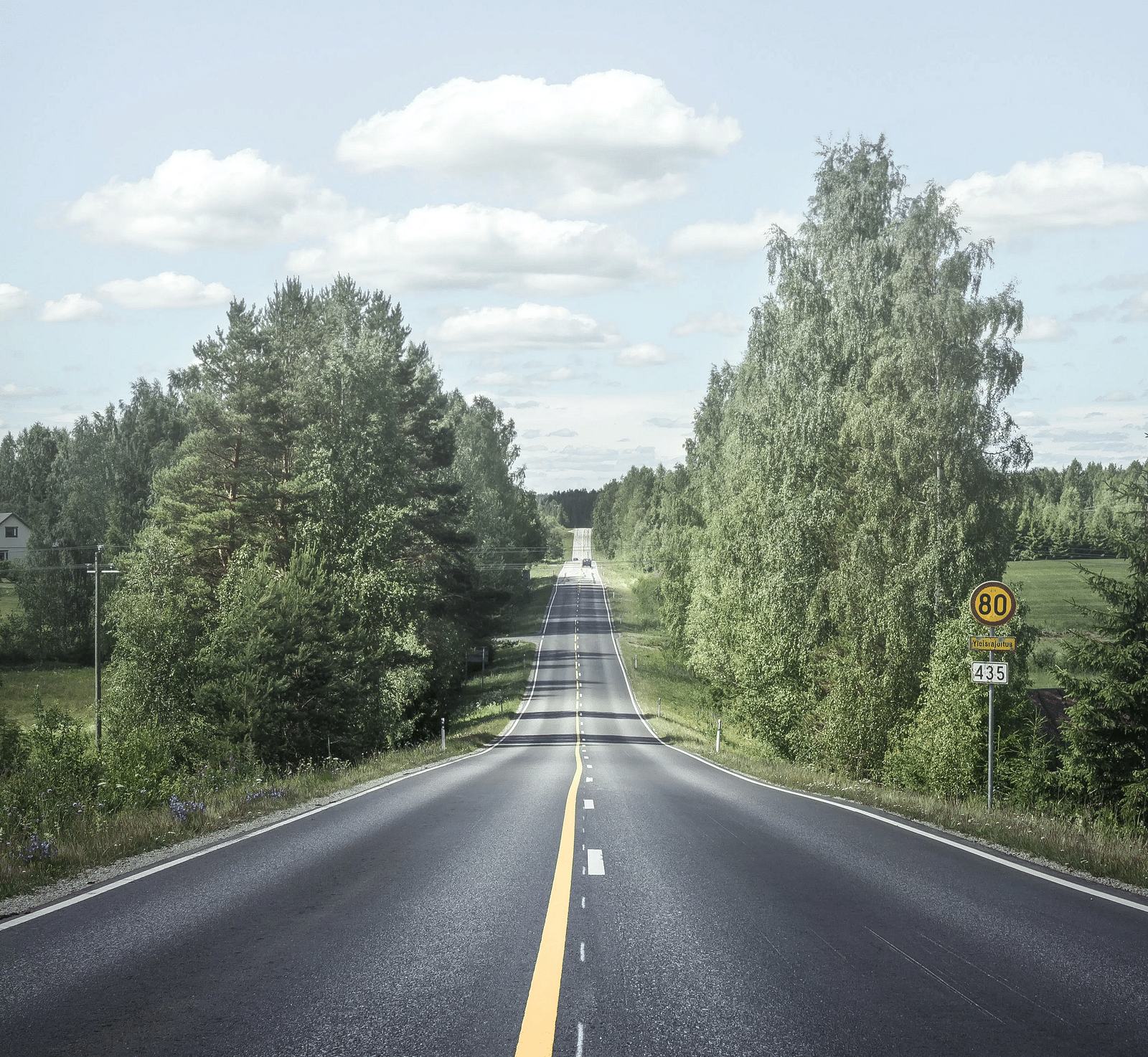A wide road with white and yellow guiding lines painted going through a lush green grassland.