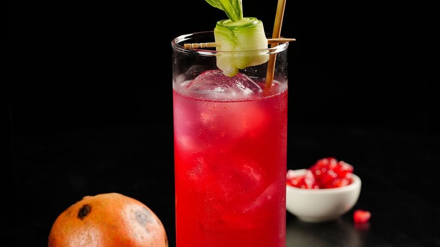 A vibrant shot of a red drink with fruit garnishes, including a pomegranate at The Qualia Resort Club & Brewery, Udaipur.