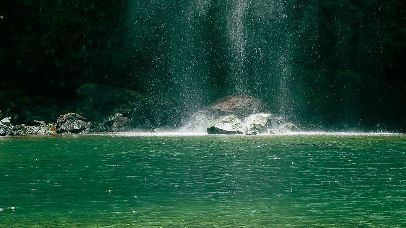 Serene waterfall cascading into a clear turquoise pool in a lush, green forest setting.
