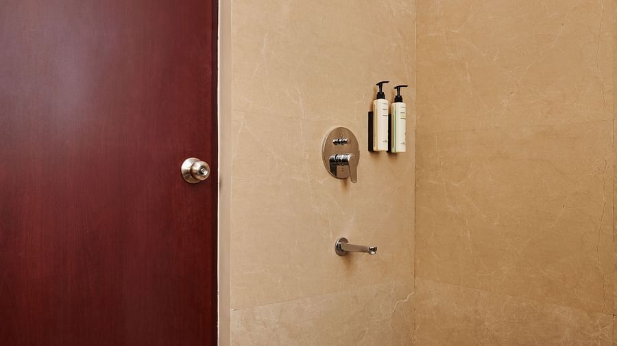 toiletries in the shower area of the DELUXE ROOM - Royal Kingdom Sarovar Portico, Pilibhit