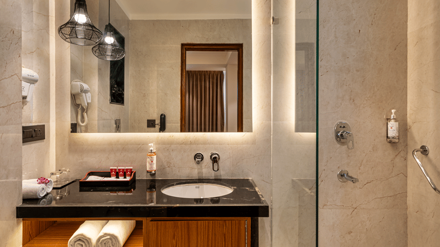 A modern bathroom with a wooden counter-top, white vessel sink, wall mirror  and glass-enclosed shower space at Lords Eco Inn Dehradun.