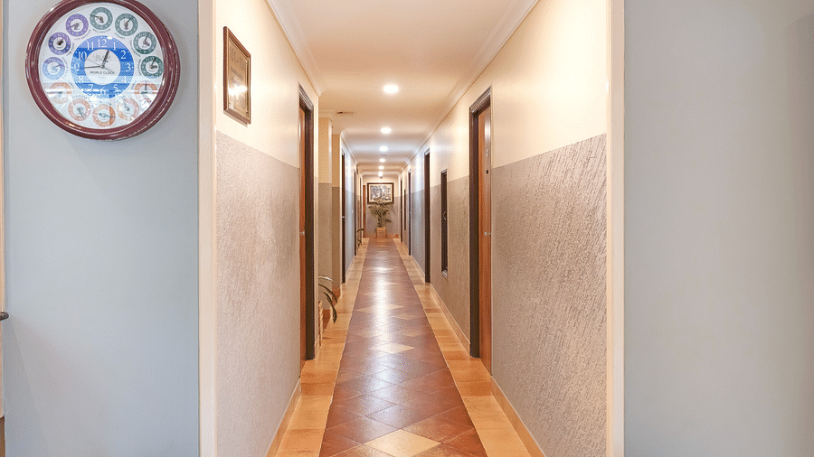 A brightly lit corridor with plants placed near the entrance - Cross Roads Inn, Bengaluru