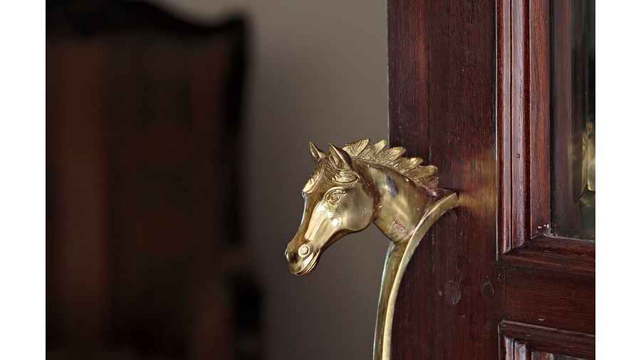 A wooden door with a brass horse statute used as  handle - Khas Bagh, Jaipur