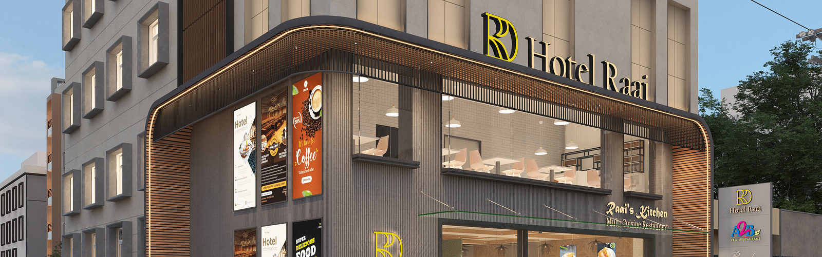 Close up image of Hotel Raai with people standing in front of it.