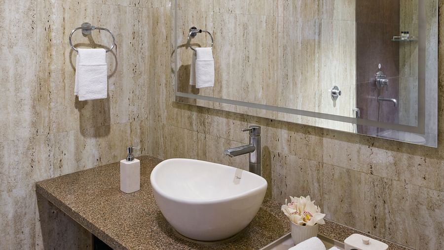 Bathroom of Executive Room with Balcony features a round basin sink on a counter, with a large mirror and textured wall.