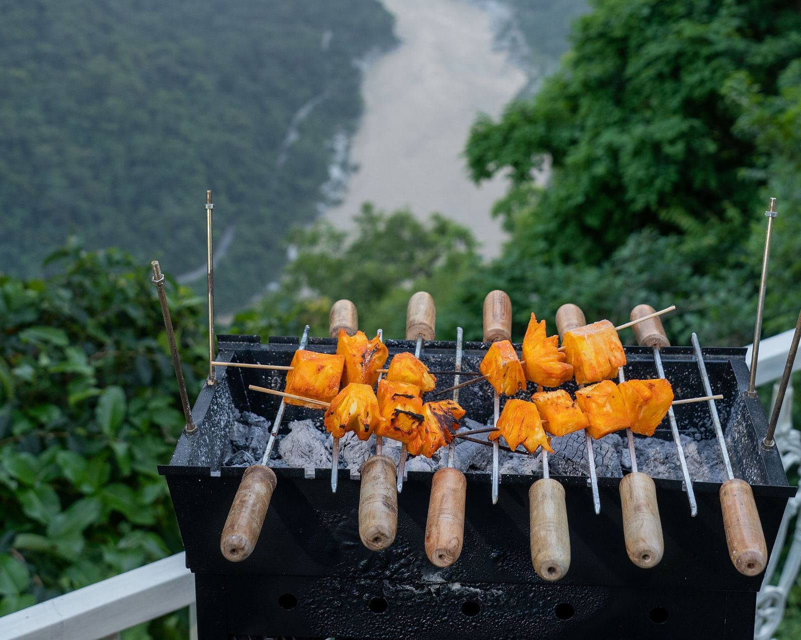 food being roasted on a barbecue with mountains in the backdrop - Neer Ganga Resorts