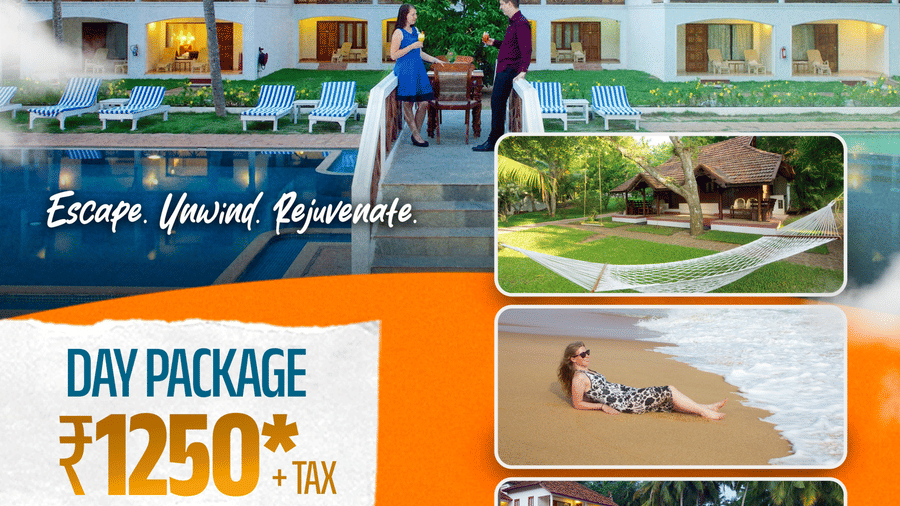 Day package offer at The Travancore Heritage Kerala with pool access, beach activities, meals, games, and relaxing resort experiences from INR 1250 + tax.