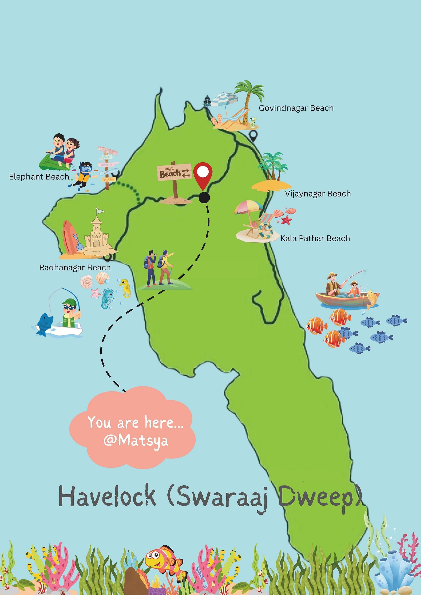 An animated map of Havelock Island showcasing its beaches, various activities, and routes