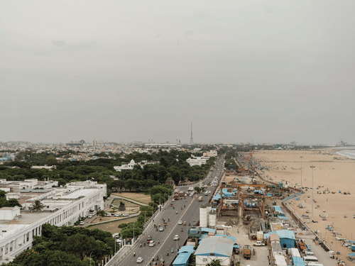 Aerial view of Marina Beach and the Chennai coastline .