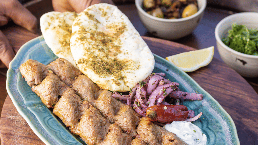 kabab, flatbread and salad at Rosé